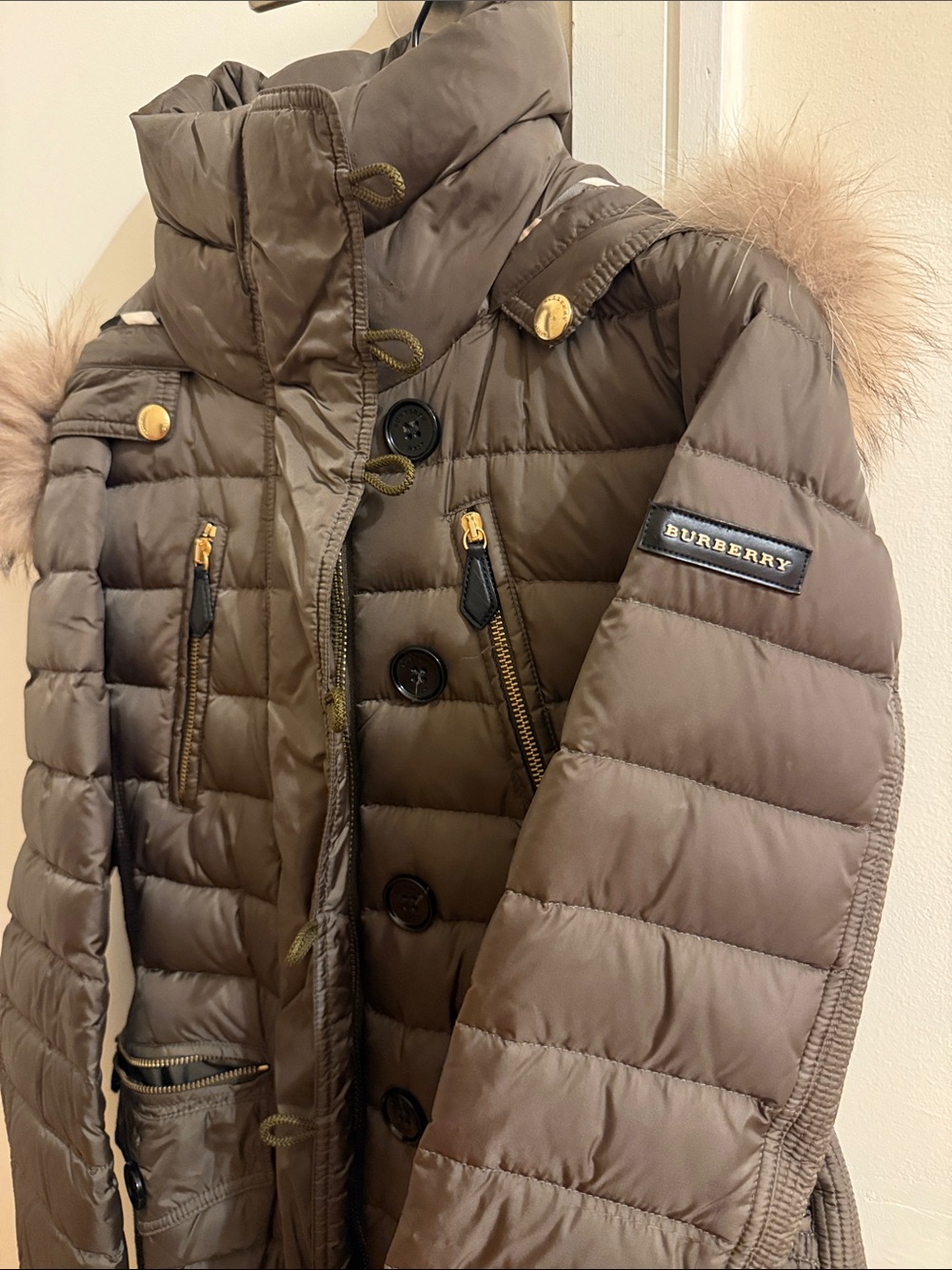 Burberry Taupe Quilted Down Jacket with Fur-Trim Hood